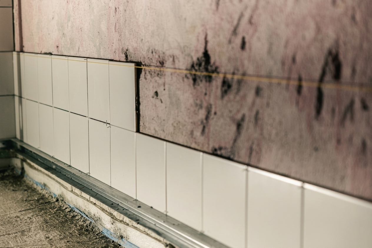 Documentary photo of a mold-affected tile wall during removal and re-tiling.